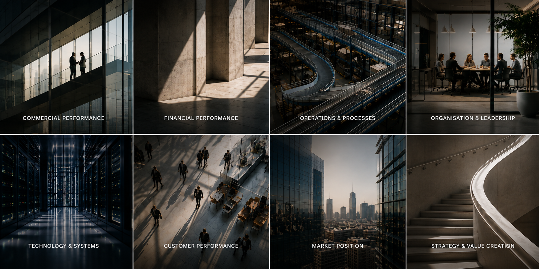 Commercial performance, financial performance, operations and processes, organisation and leadership, technology and systems, customer performance, market position, strategy and value creation