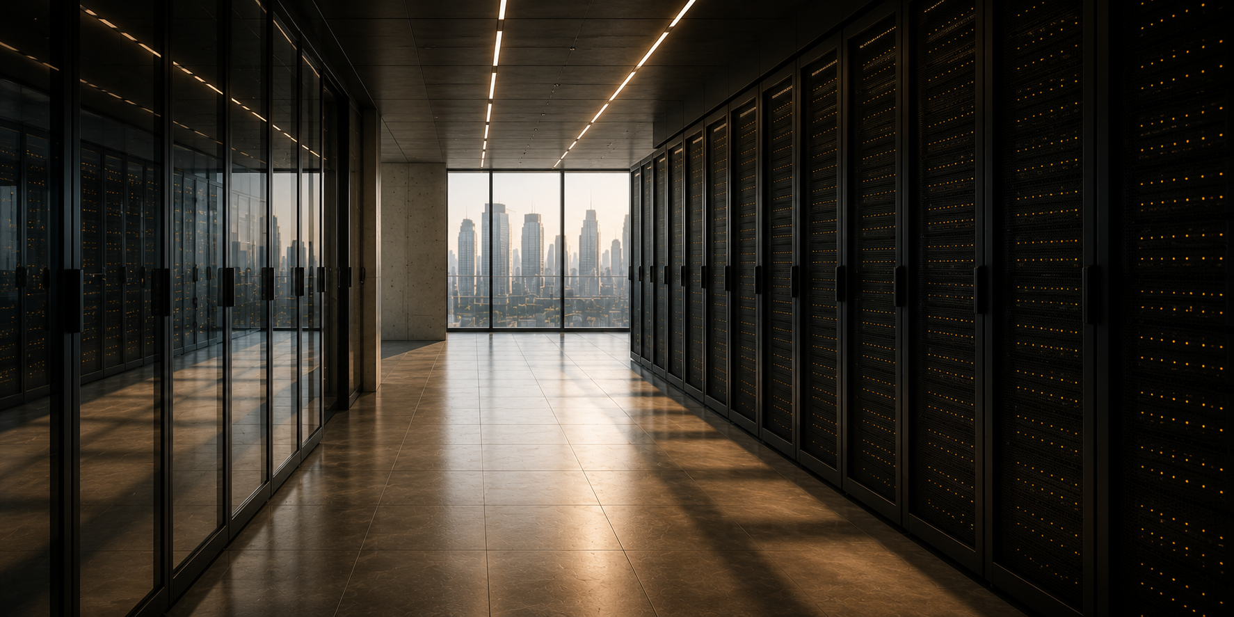 Data center corridor with city skyline