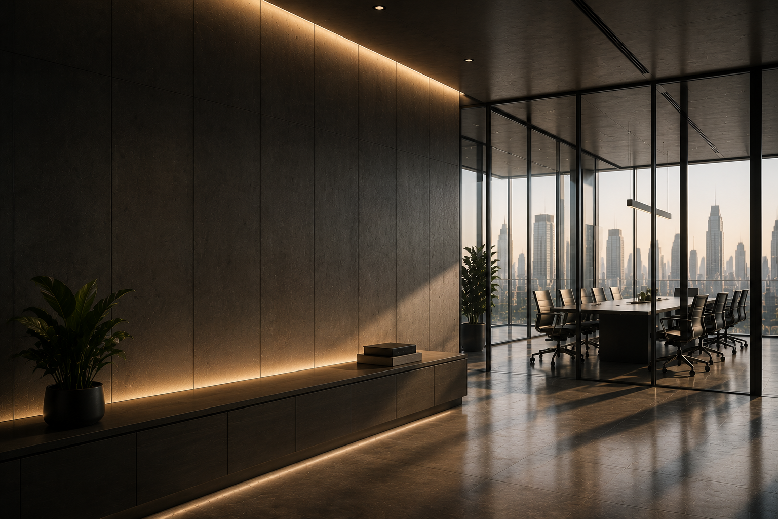 Dark premium executive office at dusk