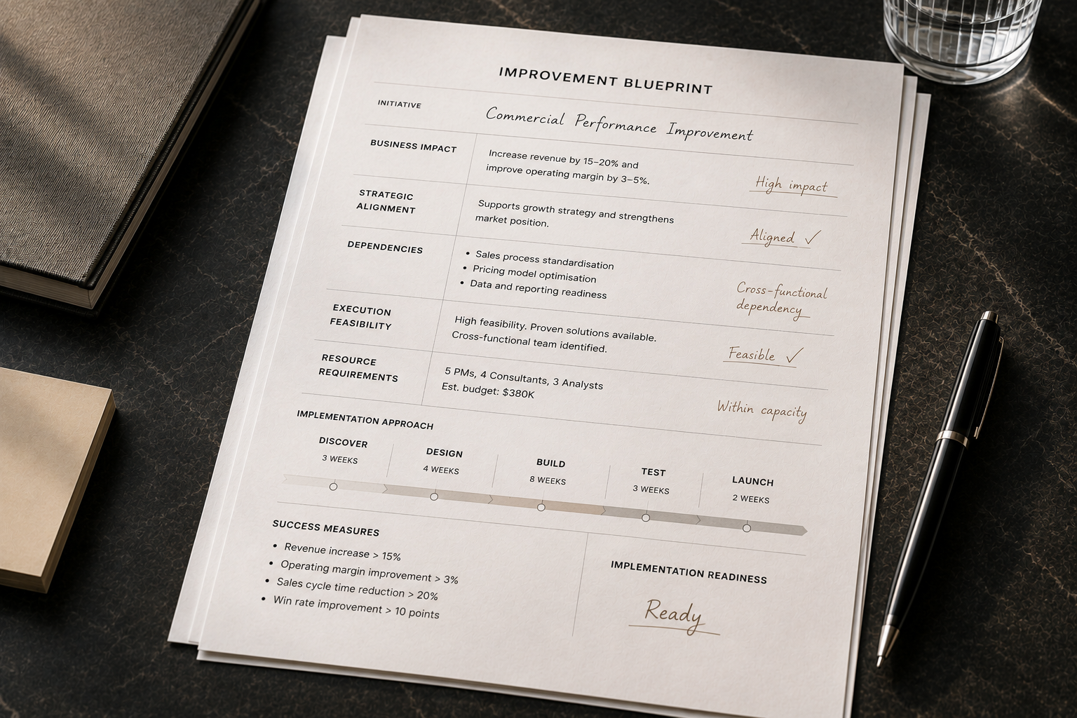 Improvement blueprint document on a desk